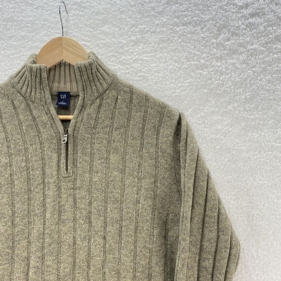 GAP Sweater Men's Large Beige VTG Lambswool Cable Knit Mock Neck 1/4 Zip Preppy - Picture 3 of 16
